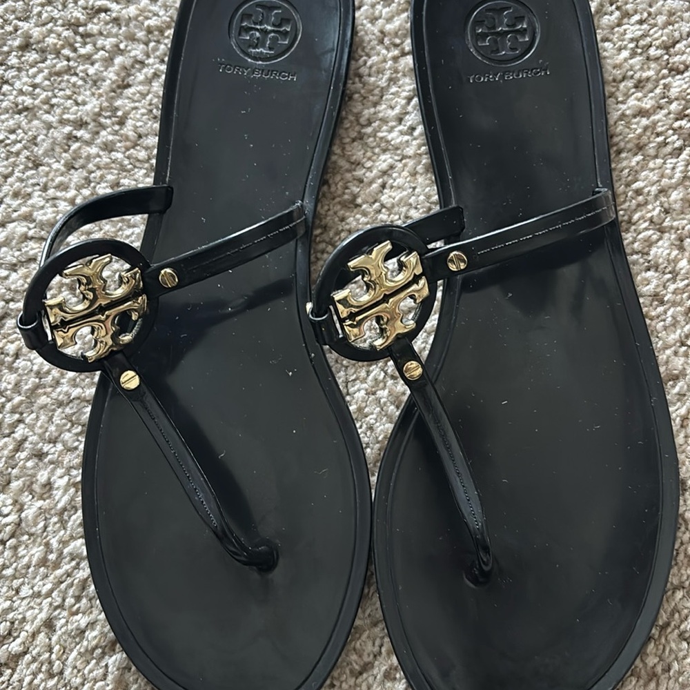 Tory Burch Black Sandals with Gold Emblem